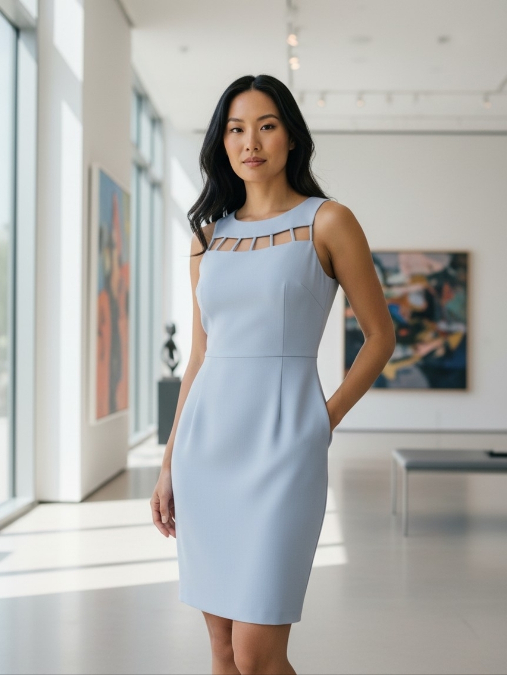Vintage NEWPORT NEWS Light Blue, Sleeveless, Sheath Dress w/ Cut Out Yoke Detail